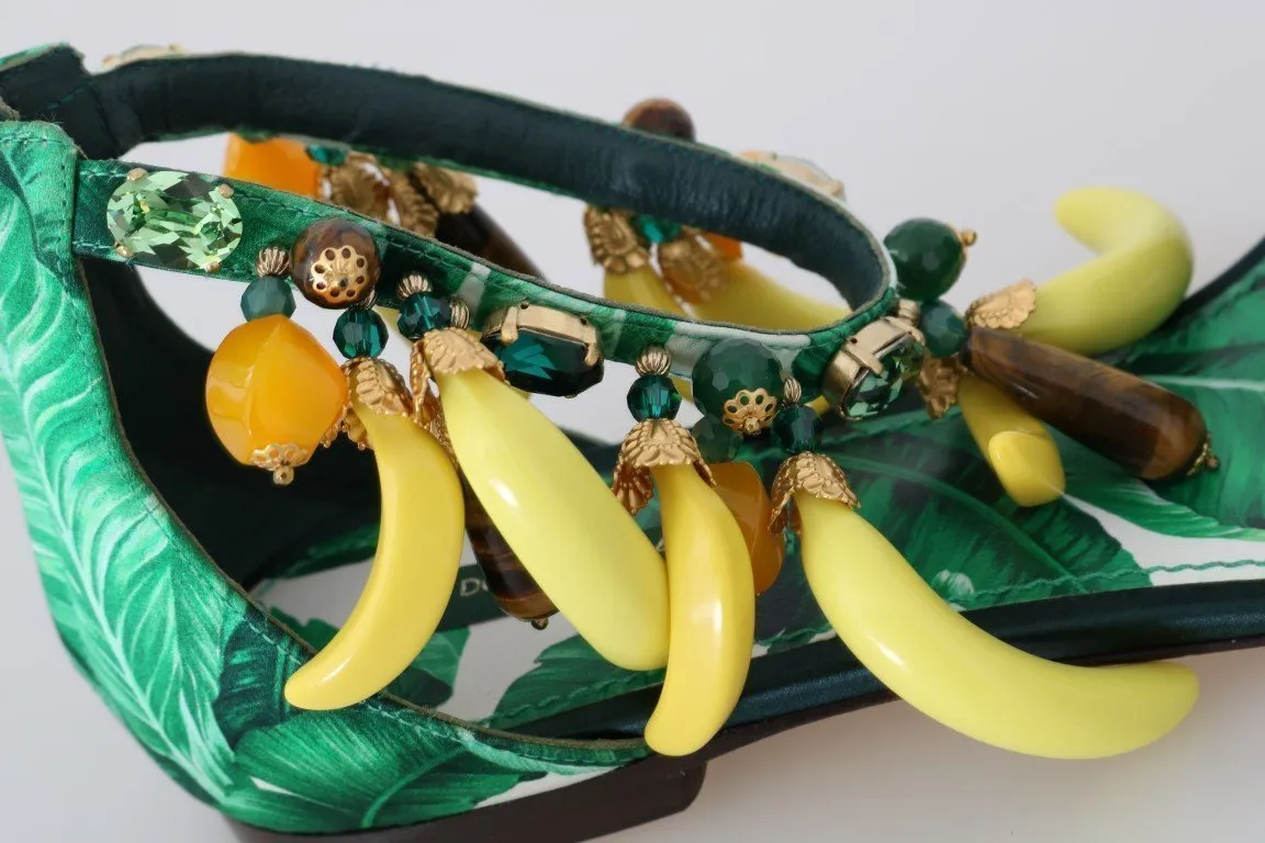 Multicolor Banana Leafs Crystal Fur Sandals