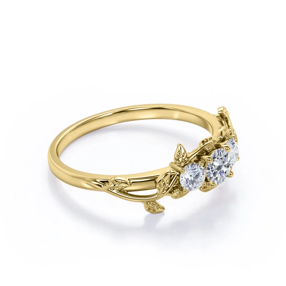 Nature inspired Three stone Round cut 0.49 carat Diamond Engagement ring in Gold