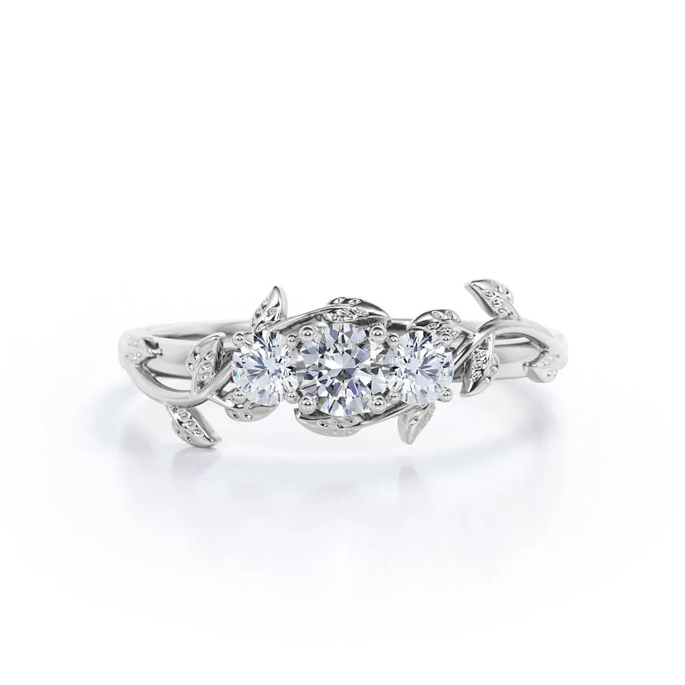Nature inspired Three stone Round cut 0.49 carat Diamond Engagement ring in Gold