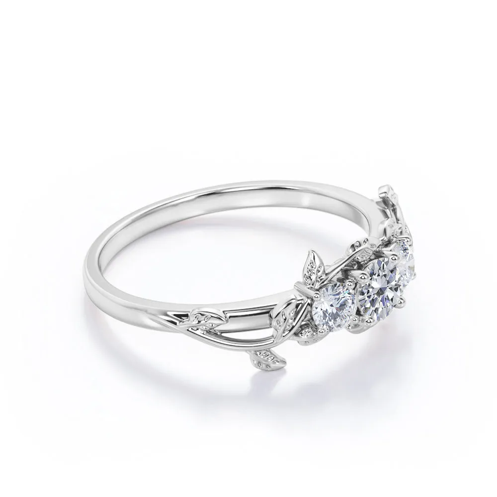Nature inspired Three stone Round cut 0.49 carat Diamond Engagement ring in Gold