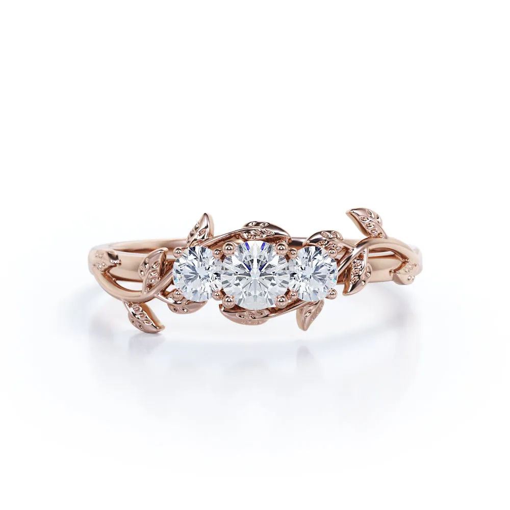 Nature inspired Three stone Round cut 0.49 carat Diamond Engagement ring in Gold