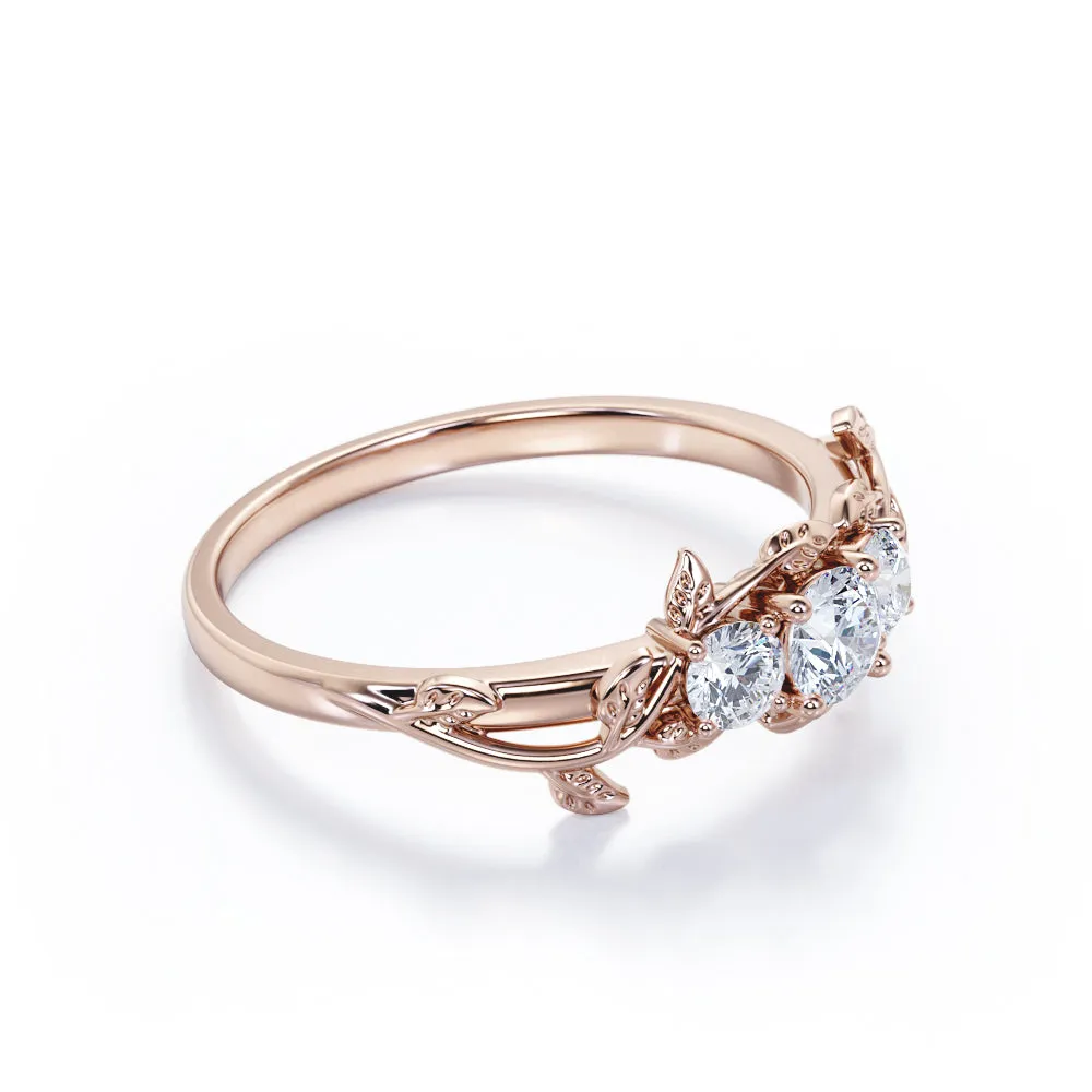 Nature inspired Three stone Round cut 0.49 carat Diamond Engagement ring in Gold