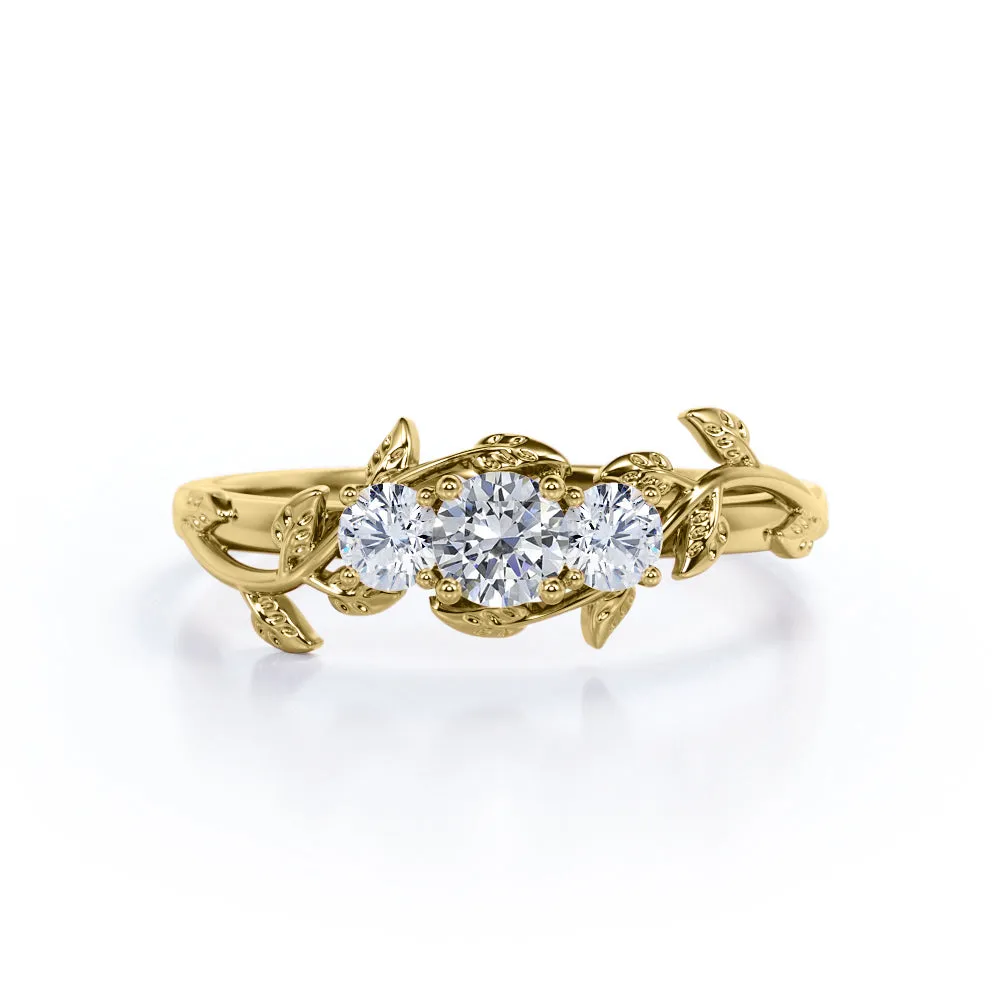 Nature inspired Three stone Round cut 0.49 carat Diamond Engagement ring in Gold