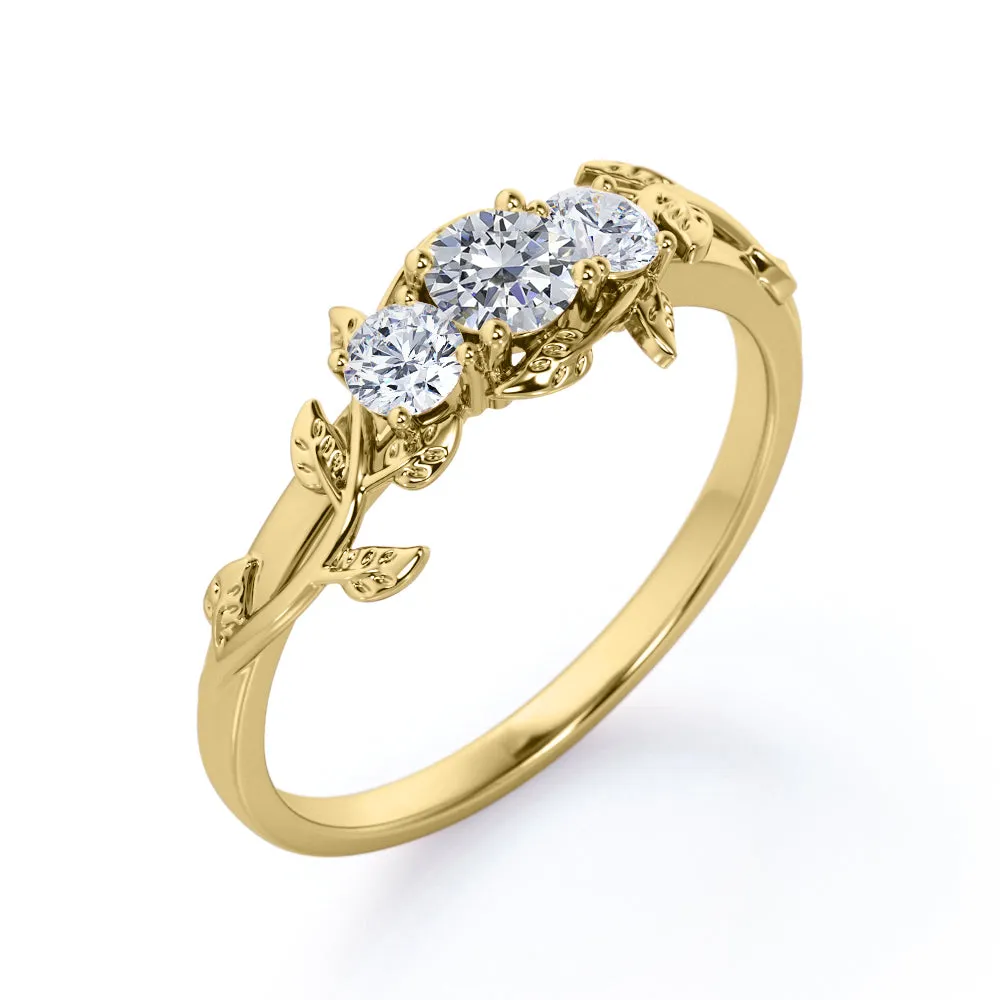 Nature inspired Three stone Round cut 0.49 carat Diamond Engagement ring in Gold