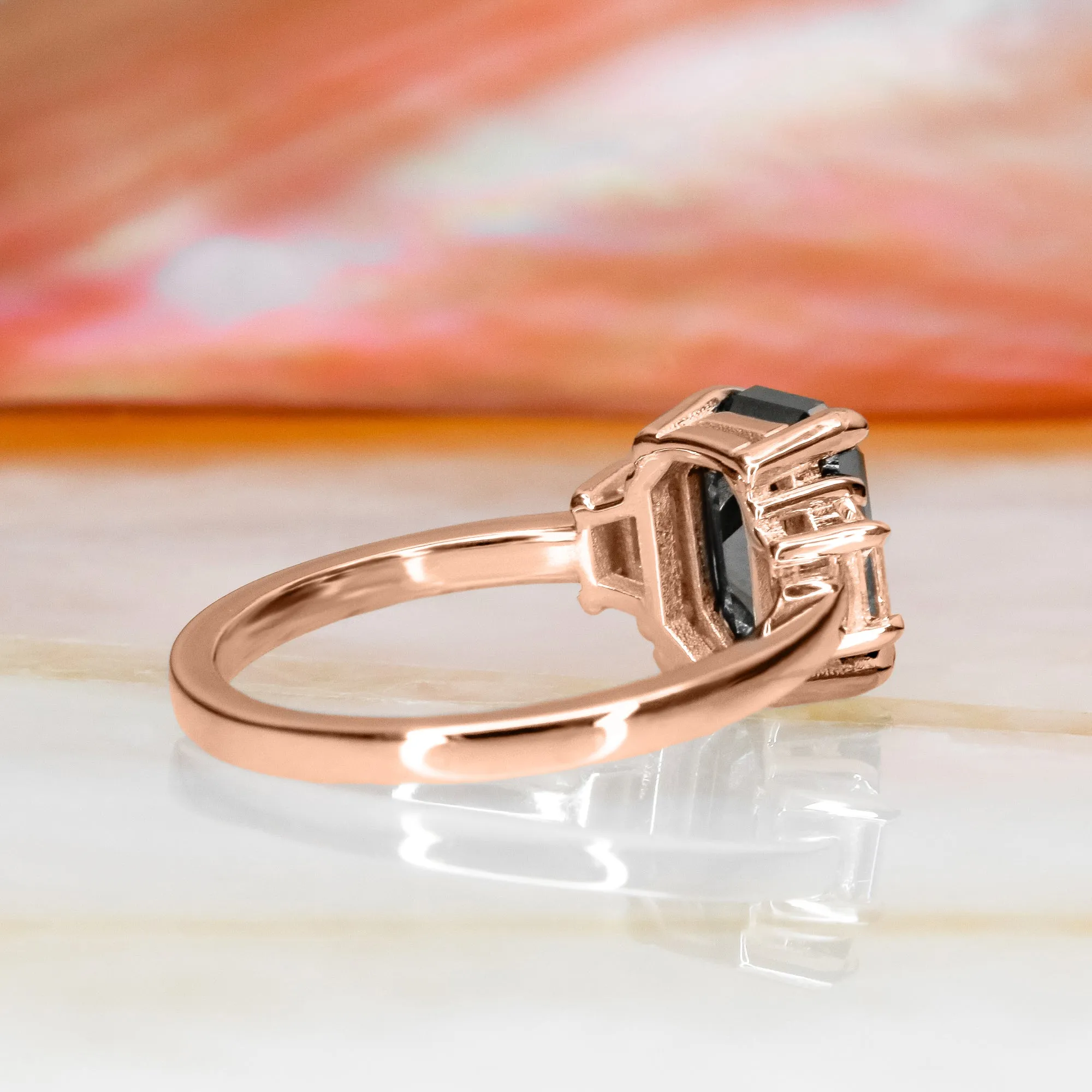 Noir Romance Art Deco Black & White Natural Diamond Emerald Cut Engagement Ring