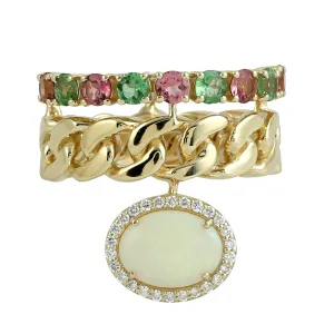 Oval Opal Ethiopian Multi Tourmaline Pave Diamond Designer Ring In Gold For Birthday