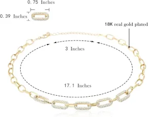 Paperclip Chain Necklace For Women 18K Gold Plated Embellished With Cubic Zirconia Stones | Non Tarnish & Waterproof | Additional 3” Extender Included