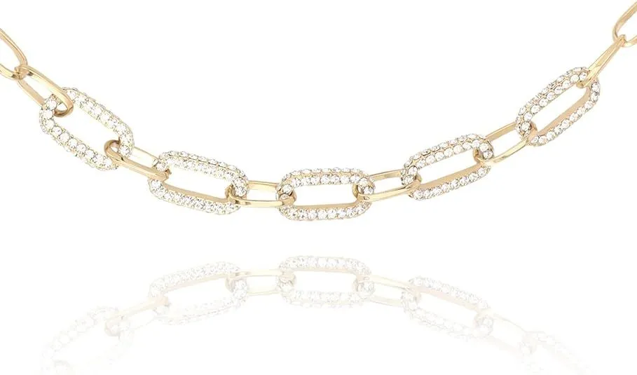 Paperclip Chain Necklace For Women 18K Gold Plated Embellished With Cubic Zirconia Stones | Non Tarnish & Waterproof | Additional 3” Extender Included