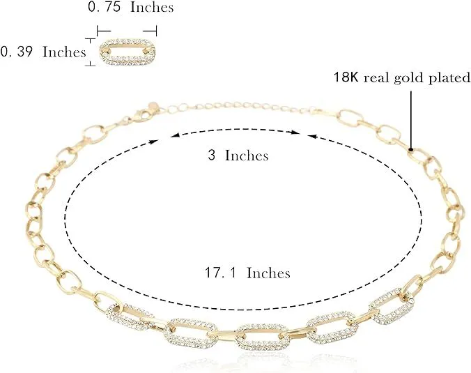 Paperclip Chain Necklace For Women 18K Gold Plated Embellished With Cubic Zirconia Stones | Non Tarnish & Waterproof | Additional 3” Extender Included
