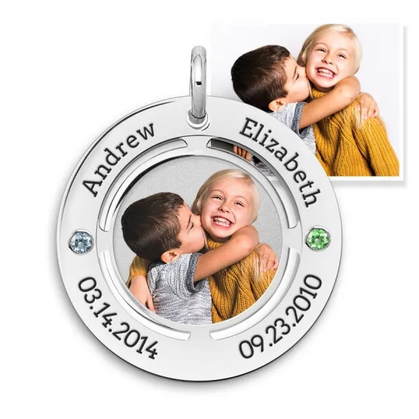 Photo Engraved Personalized Necklace with Birthstones & Text Jewelry