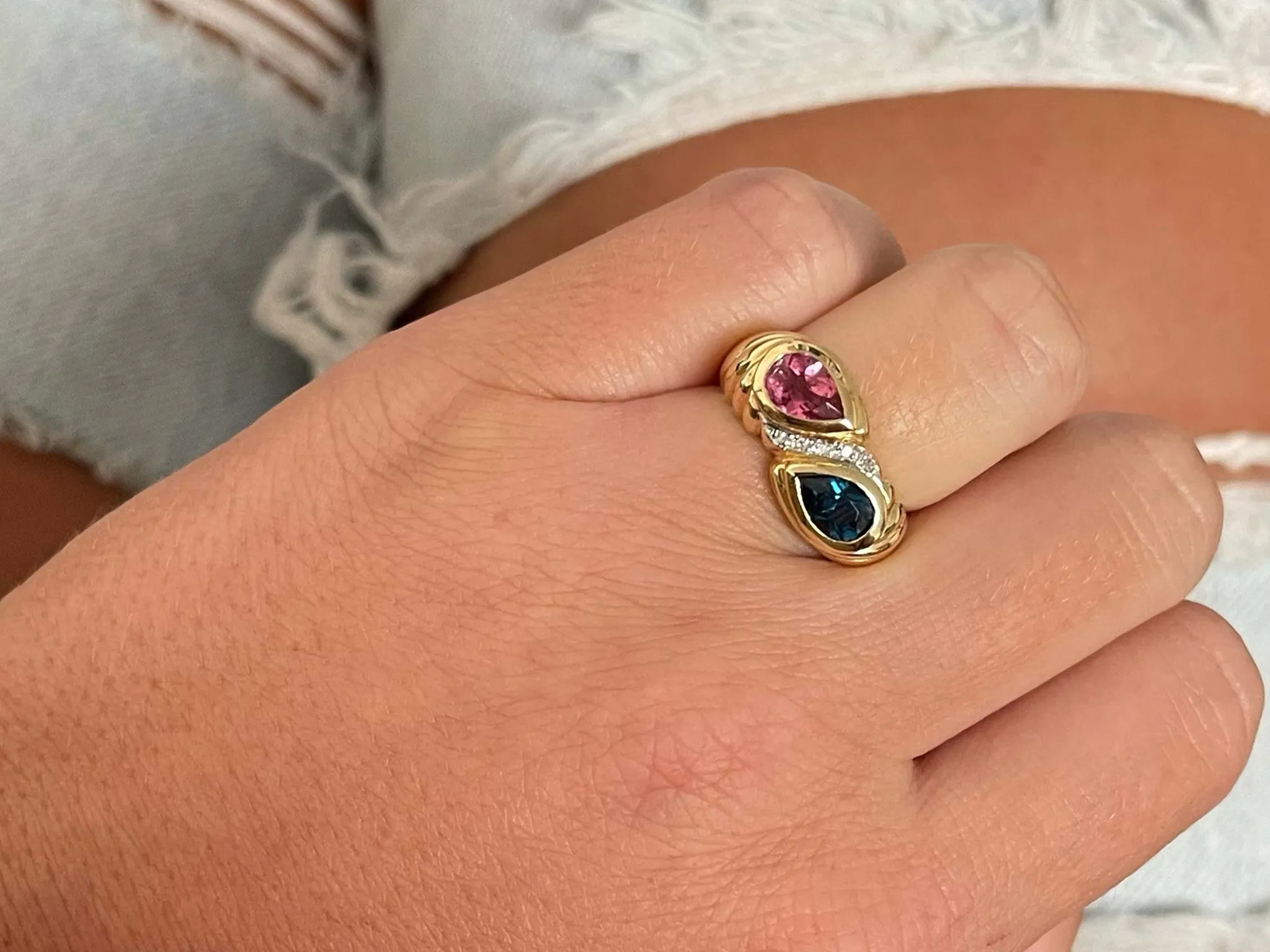 Pink and Indicolite Tourmaline Diamond Ring in 14k Yellow Gold