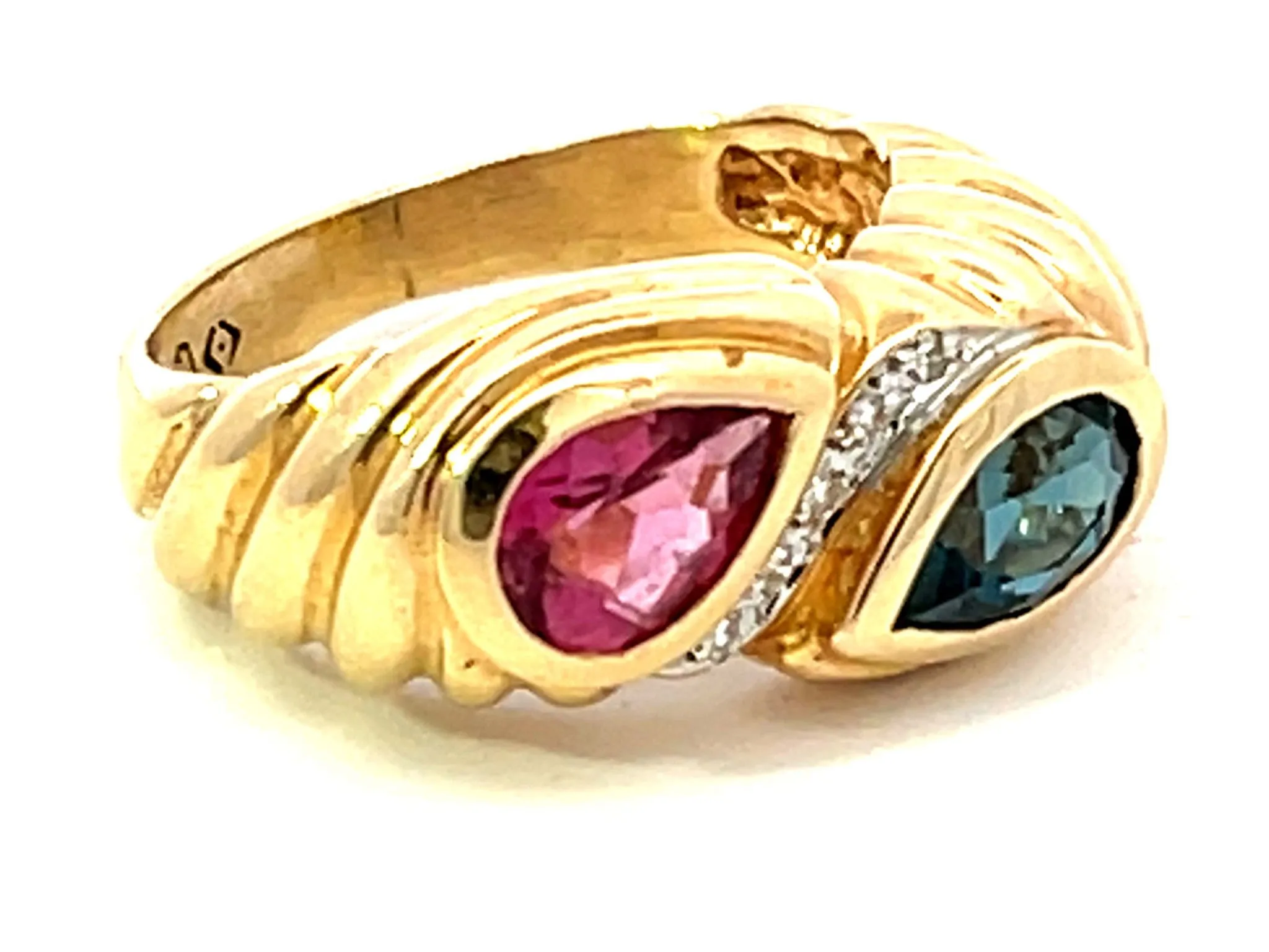 Pink and Indicolite Tourmaline Diamond Ring in 14k Yellow Gold
