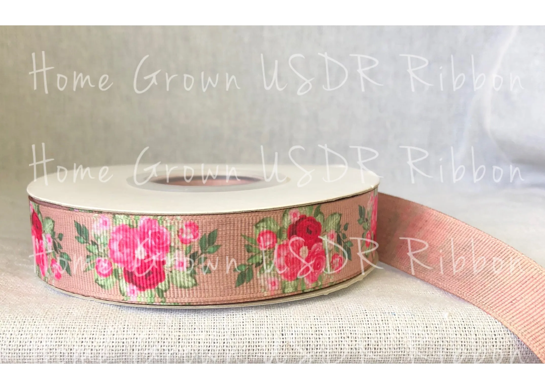 Pink Roses Burlap Double Sided USDR Ribbon - 7/8 Inch