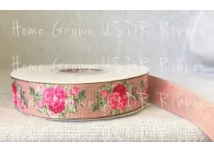 Pink Roses Burlap Double Sided USDR Ribbon - 7/8 Inch