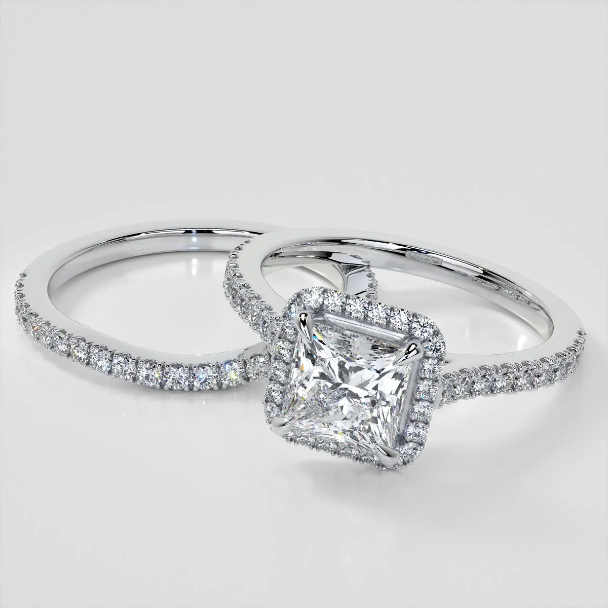Princess Cut Halo Wedding Set With Accents