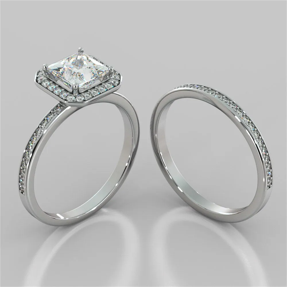 Princess Cut Pavé Style Halo Wedding Set With 2 Matching Bands