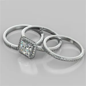 Princess Cut Pavé Style Halo Wedding Set With 2 Matching Bands