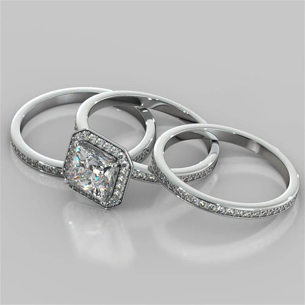 Princess Cut Pavé Style Halo Wedding Set With 2 Matching Bands