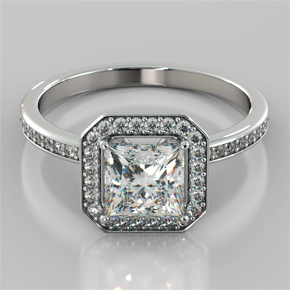 Princess Cut Pavé Style Halo Wedding Set With 2 Matching Bands