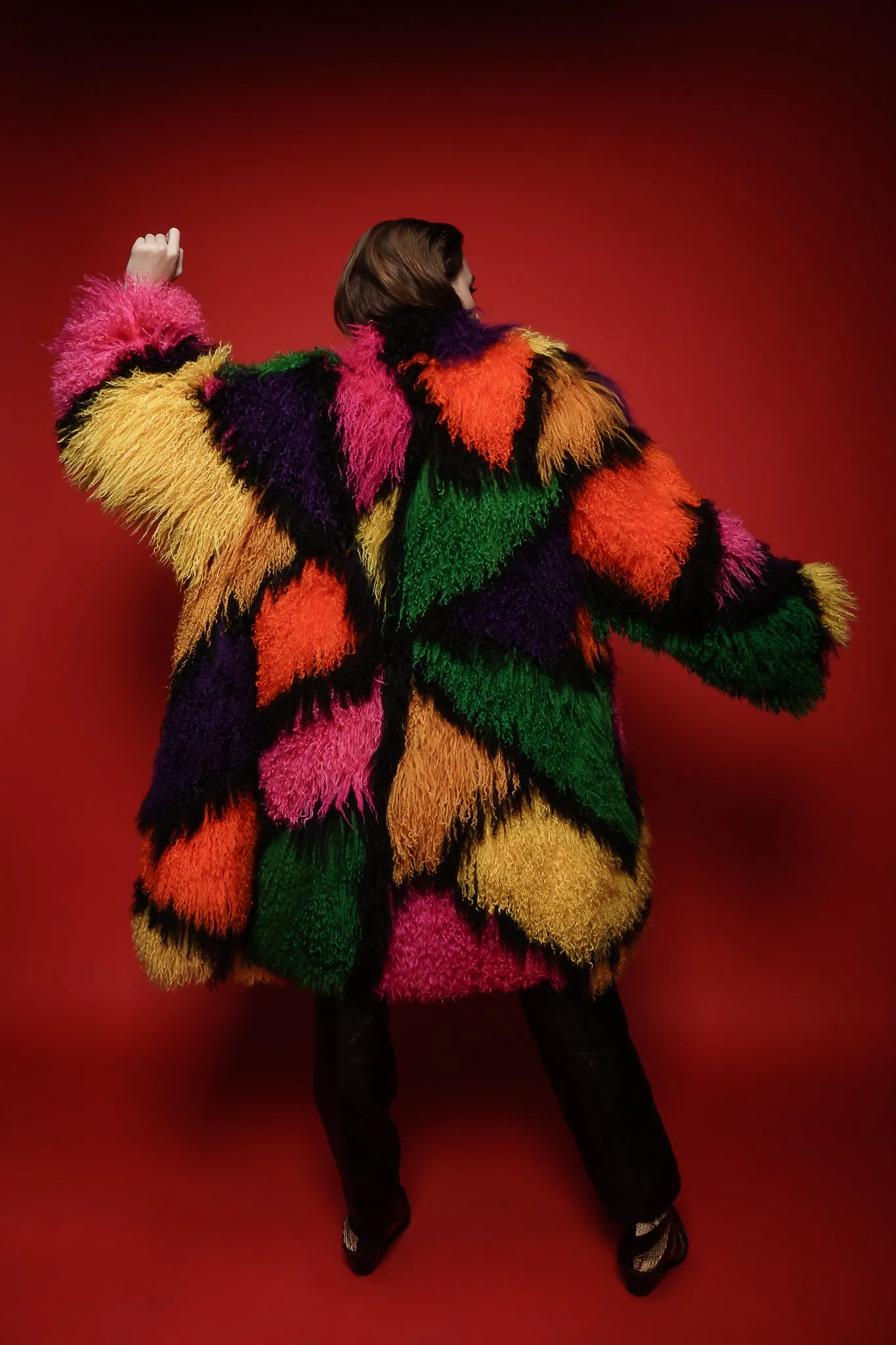 Rainbow Mosaic Mongolian Fur Coat