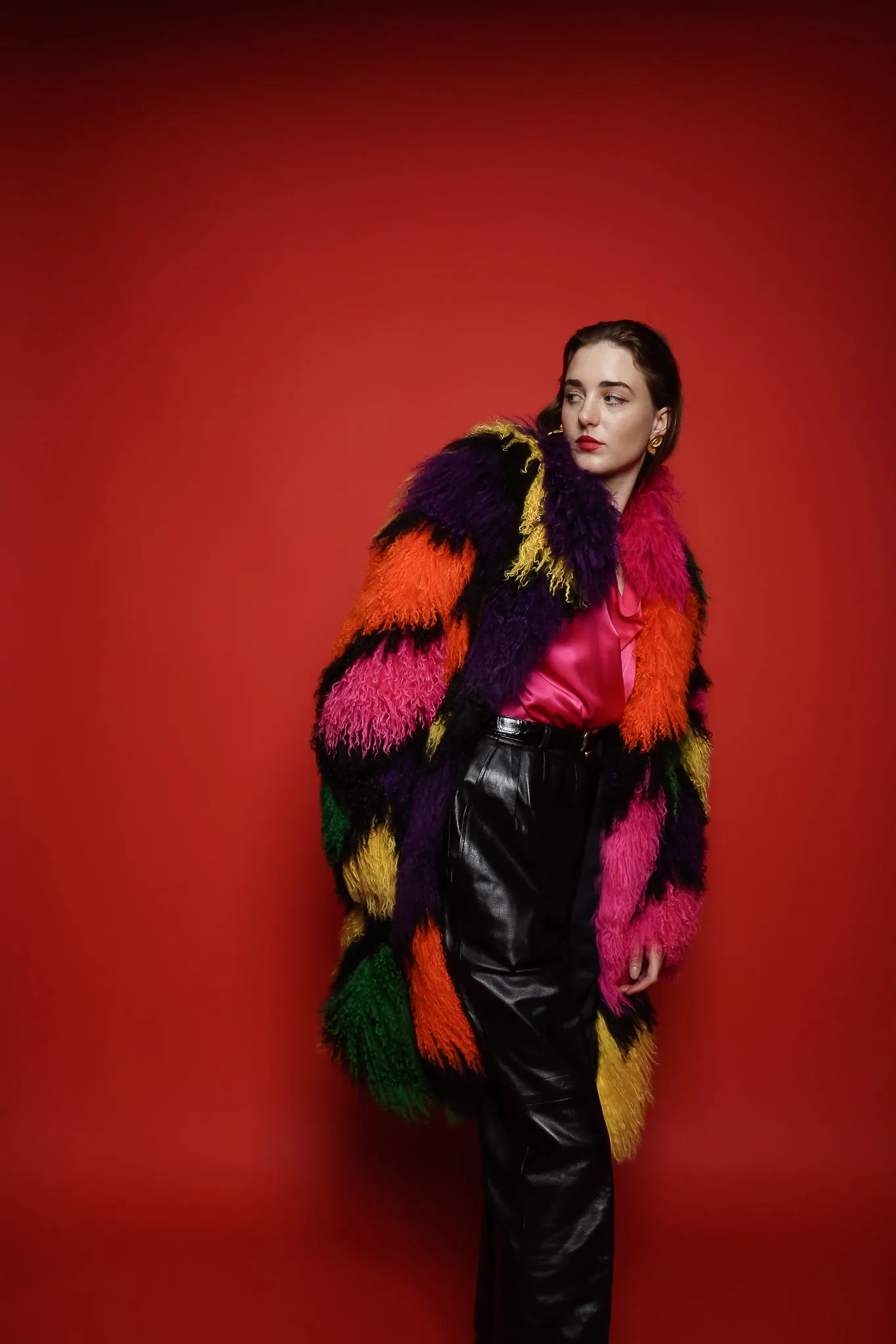 Rainbow Mosaic Mongolian Fur Coat