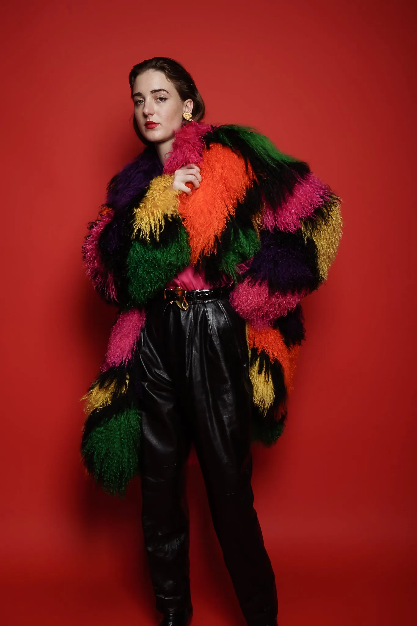 Rainbow Mosaic Mongolian Fur Coat