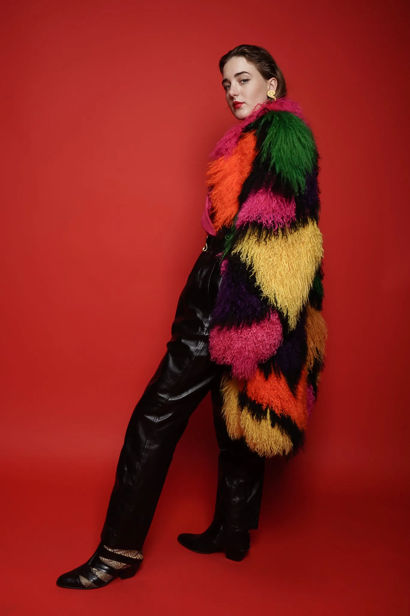 Rainbow Mosaic Mongolian Fur Coat