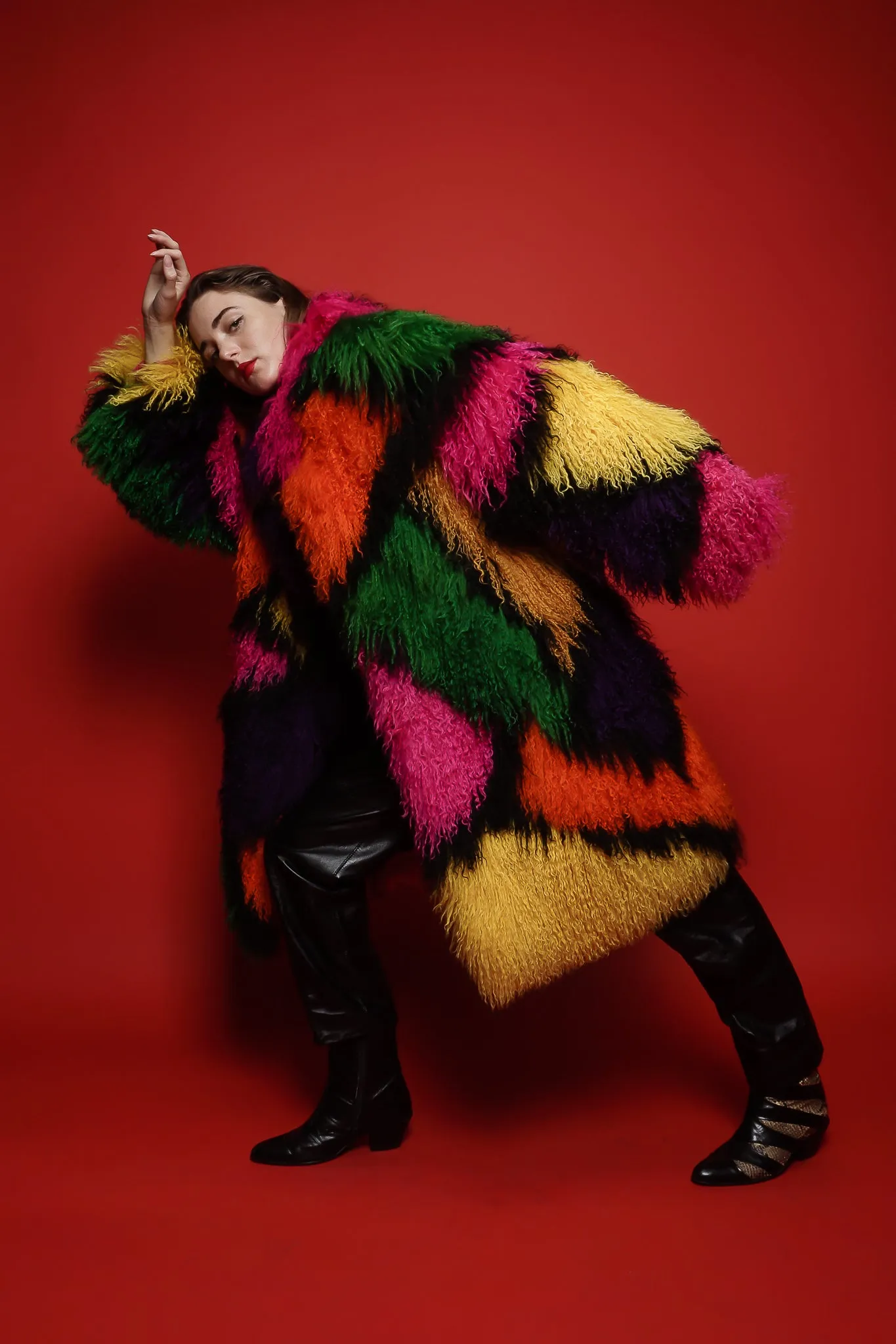 Rainbow Mosaic Mongolian Fur Coat