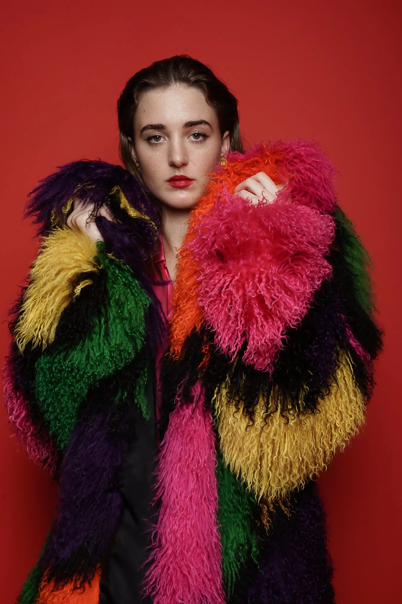 Rainbow Mosaic Mongolian Fur Coat