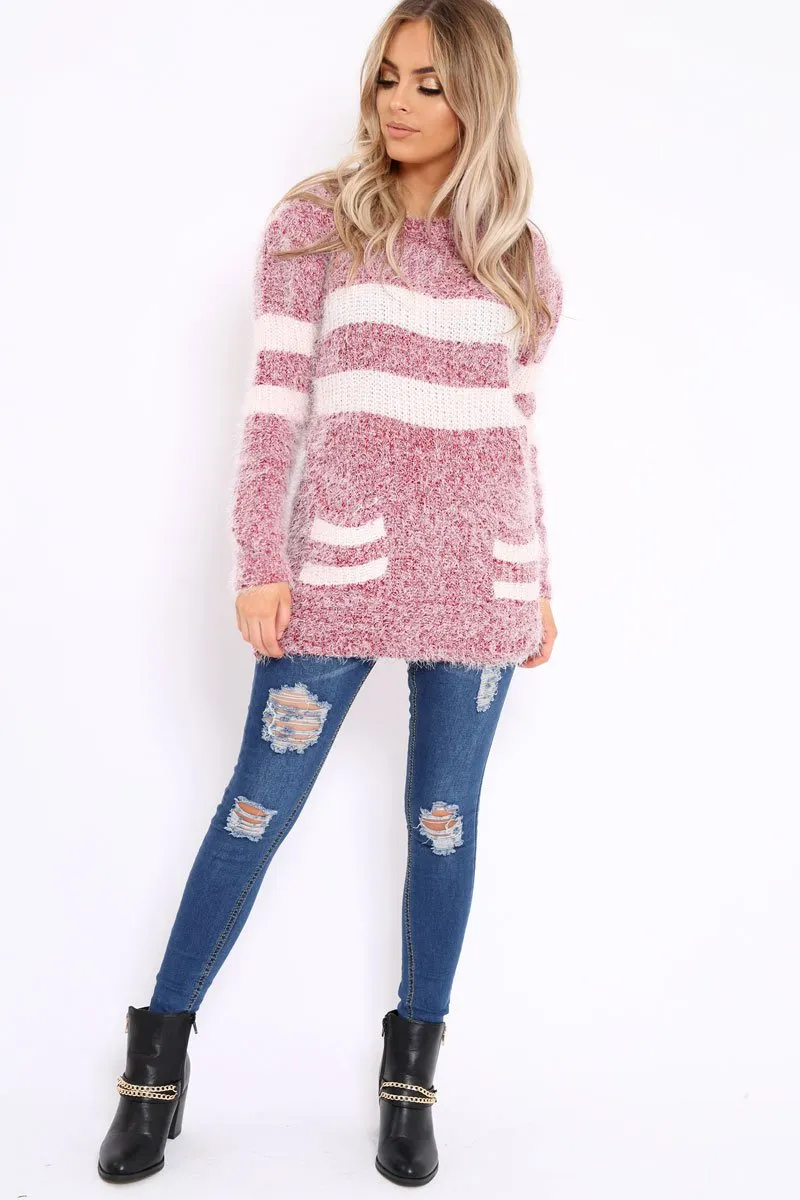 Red Fur Knit Wide Stripe Jumper Dress - Keeley