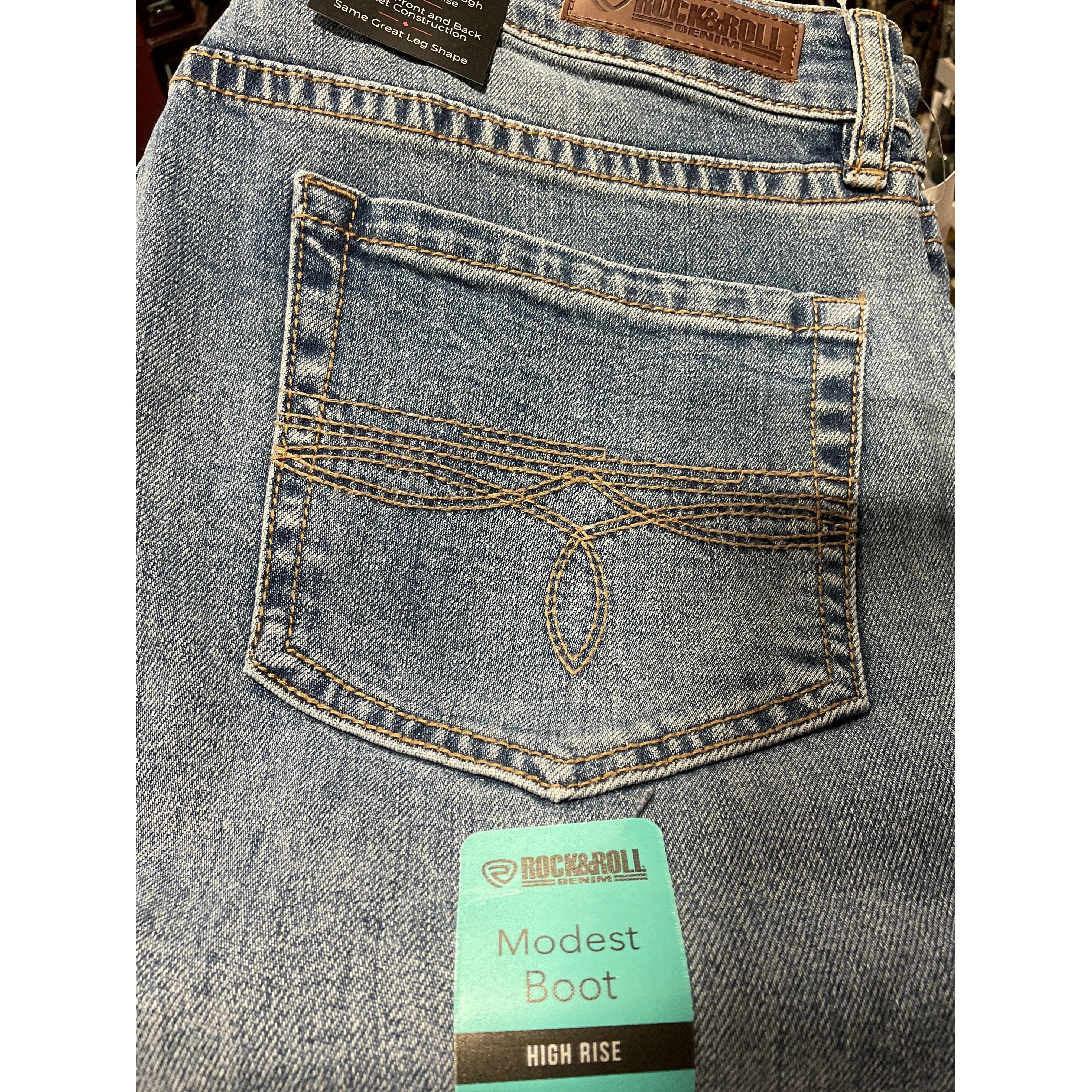Rock & Roll Ladies Jean, Med Wash, Raw Side Seam, High Rise, Modest Boot BW1HD06035