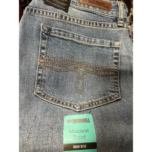 Rock & Roll Ladies Jean, Med Wash, Raw Side Seam, High Rise, Modest Boot BW1HD06035