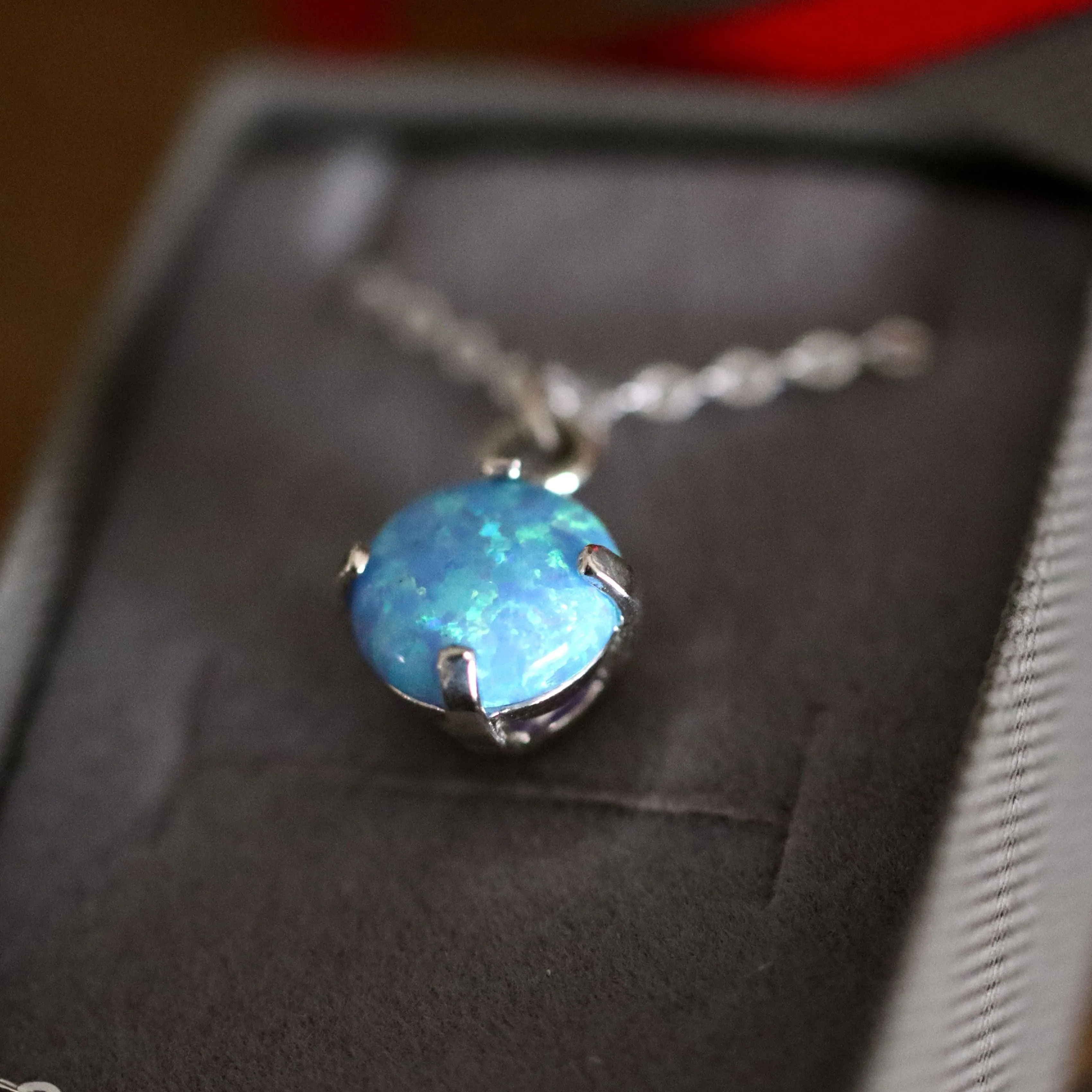 Round Blue Opal Pendant Necklace Sterling silver 925