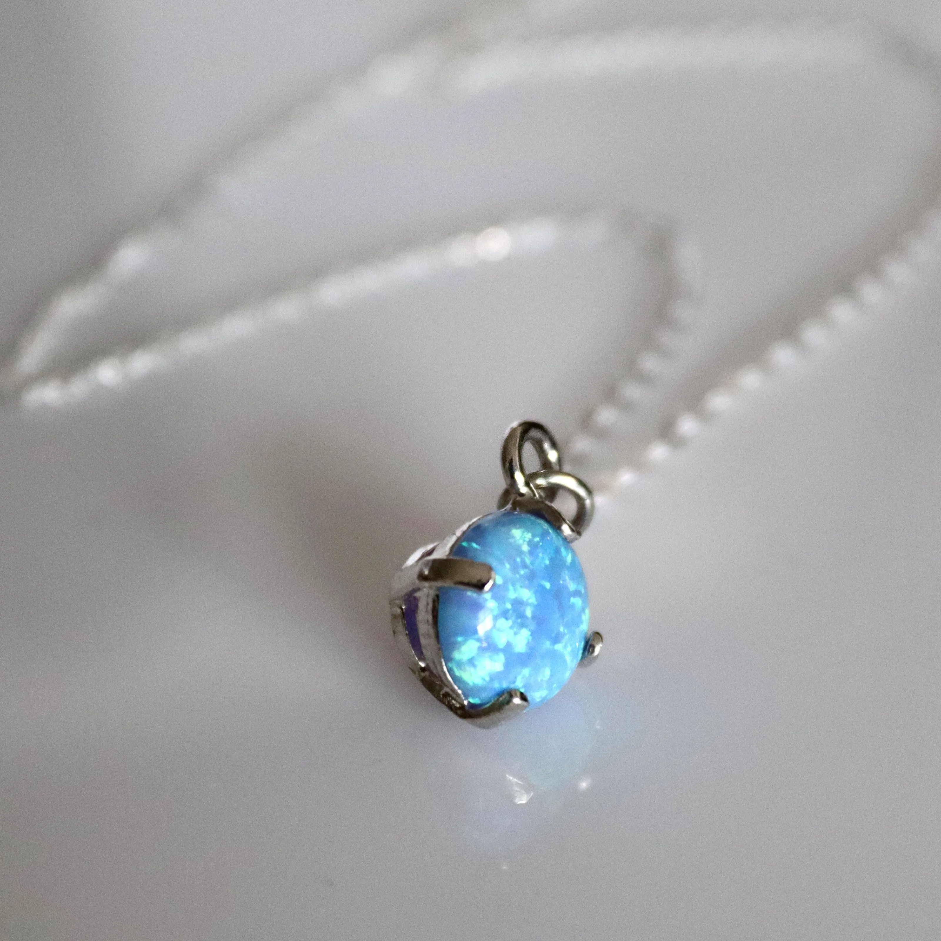 Round Blue Opal Pendant Necklace Sterling silver 925