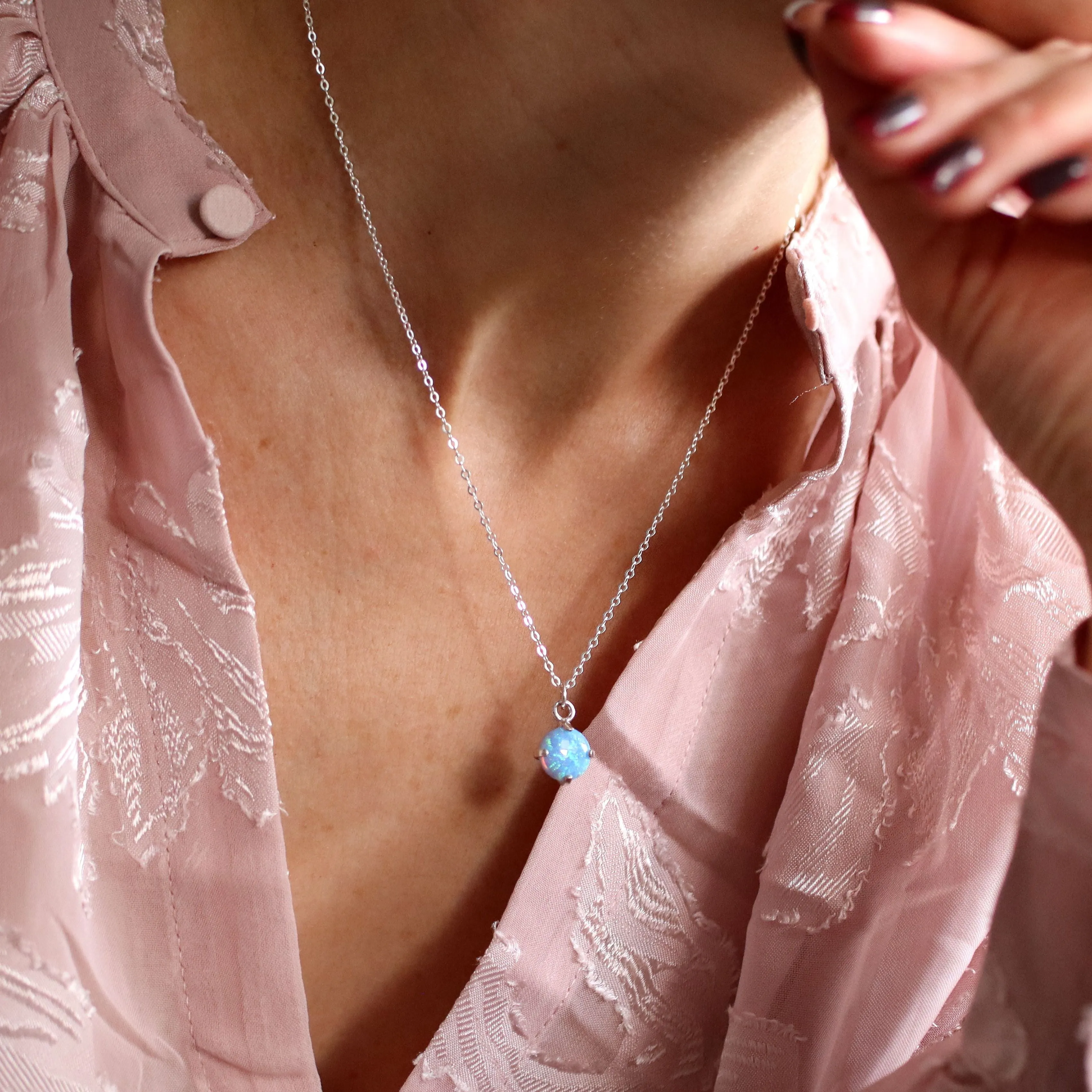 Round Blue Opal Pendant Necklace Sterling silver 925