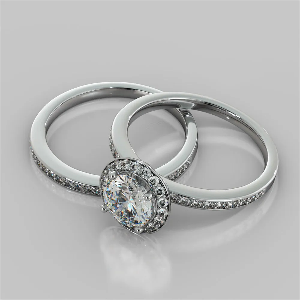 Round Cut Pavé Style Halo Wedding Set With Accents