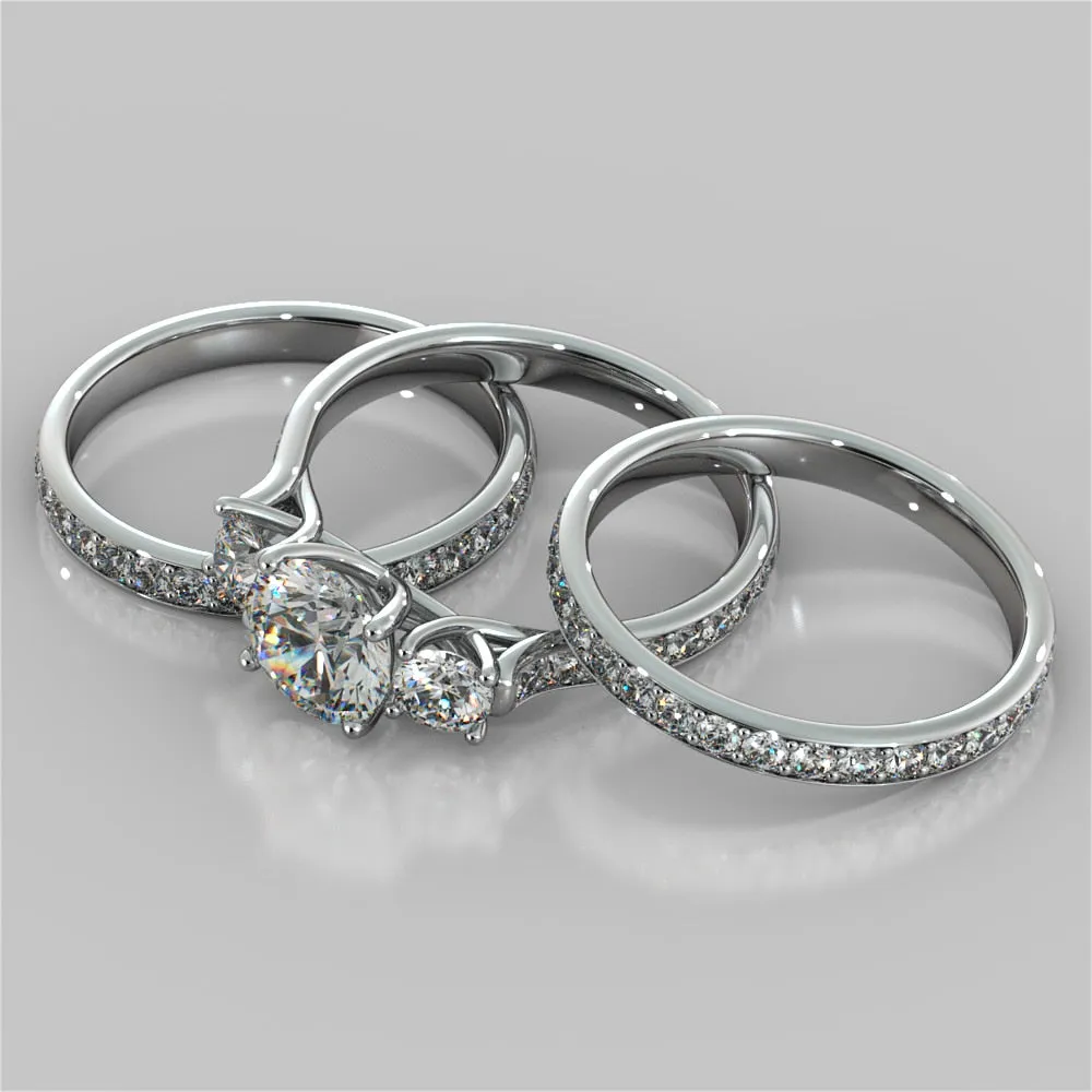 Round Cut Three Stone Trellis Wedding Set With 2 Matching Bands