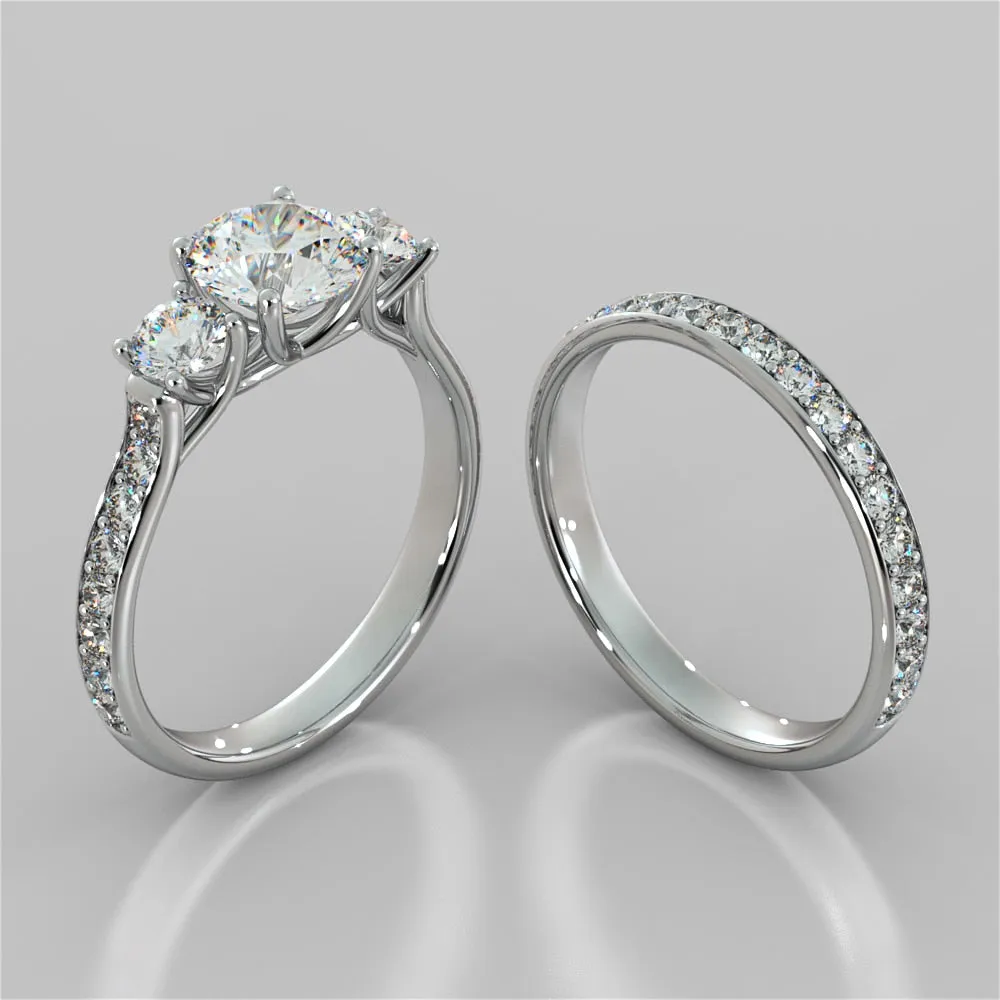Round Cut Three Stone Trellis Wedding Set With 2 Matching Bands
