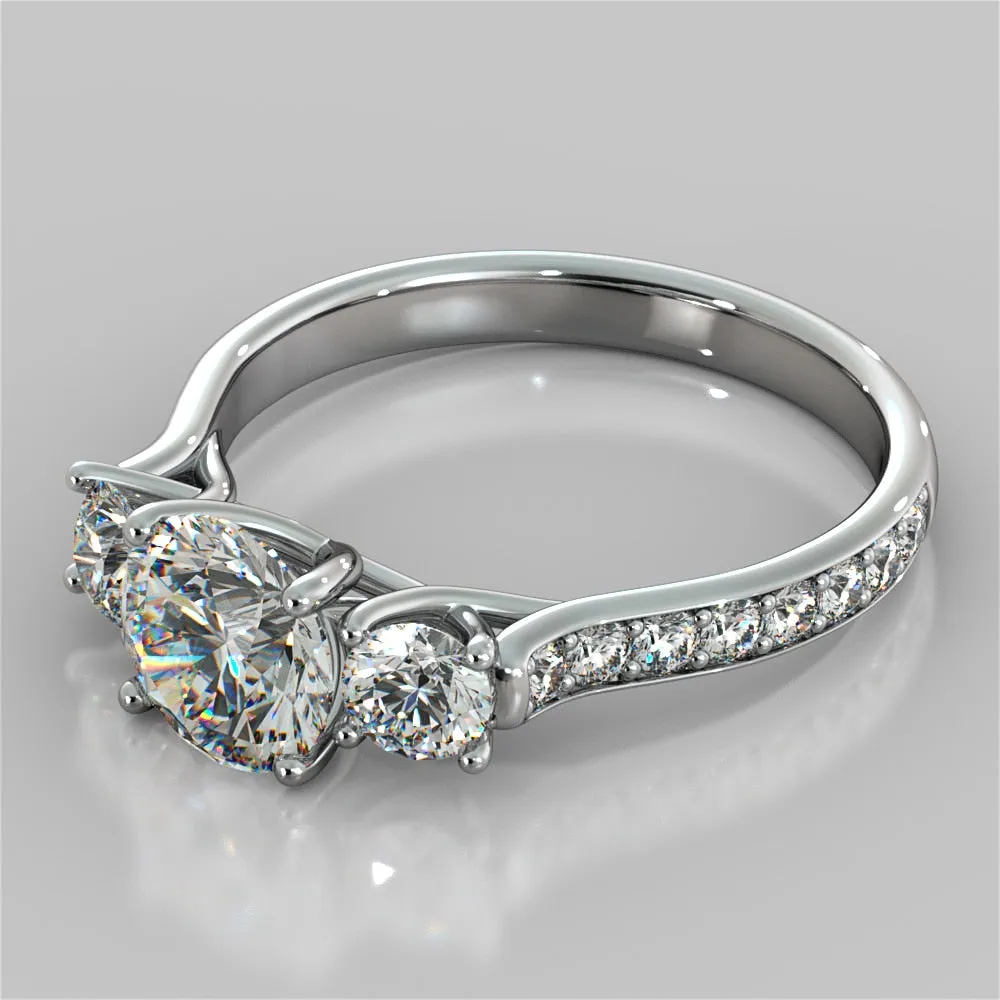 Round Cut Three Stone Trellis Wedding Set With 2 Matching Bands