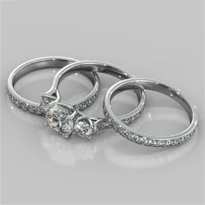 Round Cut Three Stone Trellis Wedding Set With 2 Matching Bands