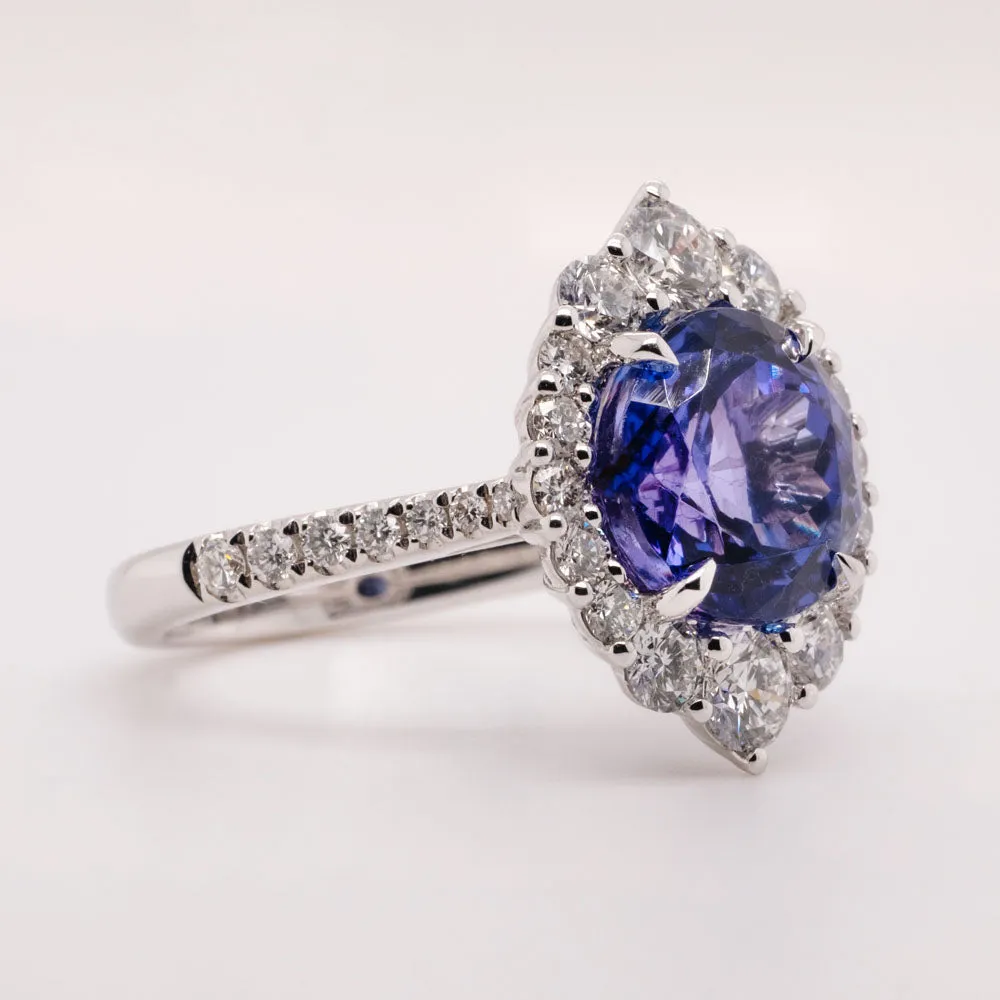 Round Diamond Studed Tanzanite 14k White Gold Halo Fashion Ring (2mm)