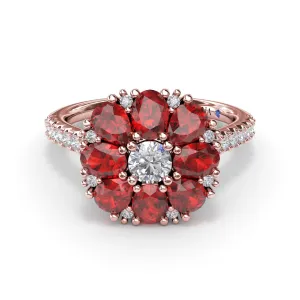Ruby and Diamond Cluster Flower Ring