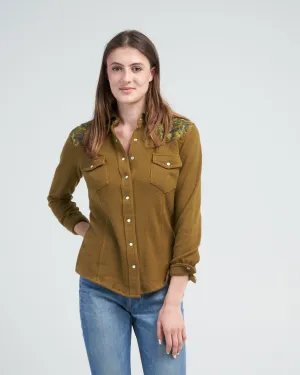 shoulder embroidered snap shirt - olive