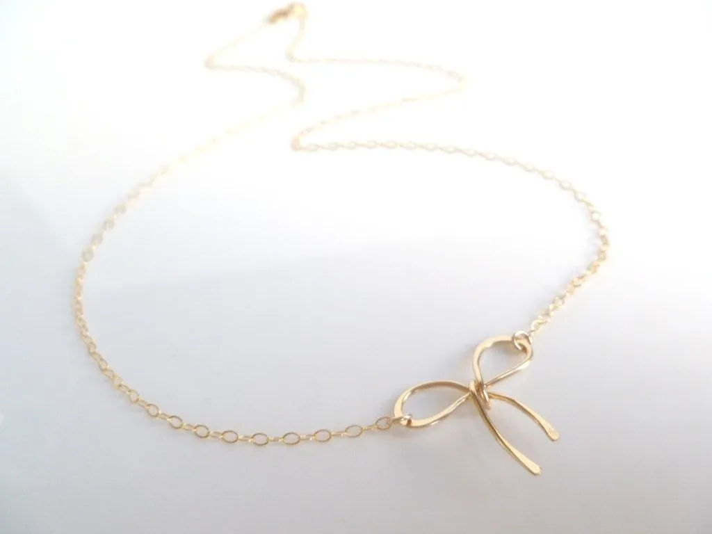 Small Gold Bow Necklace, 14K gold fill pendant, gold fill chain, gold wire bow, tiny bow, ribbon necklace, gold bow pendant, girls necklace