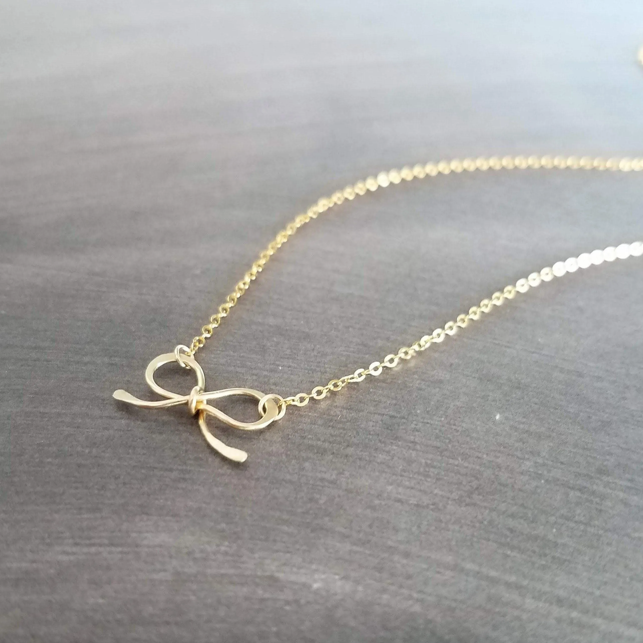 Small Gold Bow Necklace, 14K gold fill pendant, gold fill chain, gold wire bow, tiny bow, ribbon necklace, gold bow pendant, girls necklace
