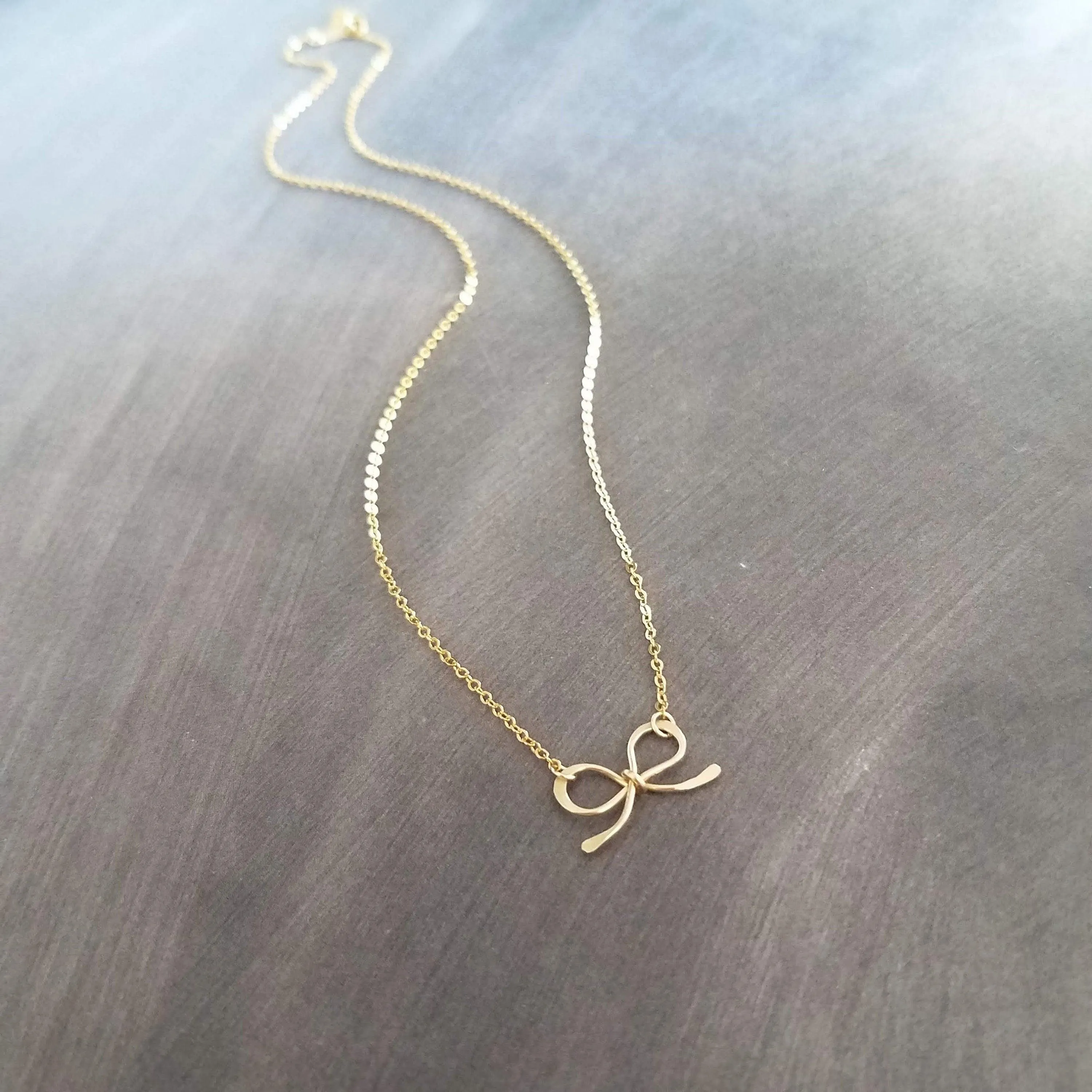 Small Gold Bow Necklace, 14K gold fill pendant, gold fill chain, gold wire bow, tiny bow, ribbon necklace, gold bow pendant, girls necklace