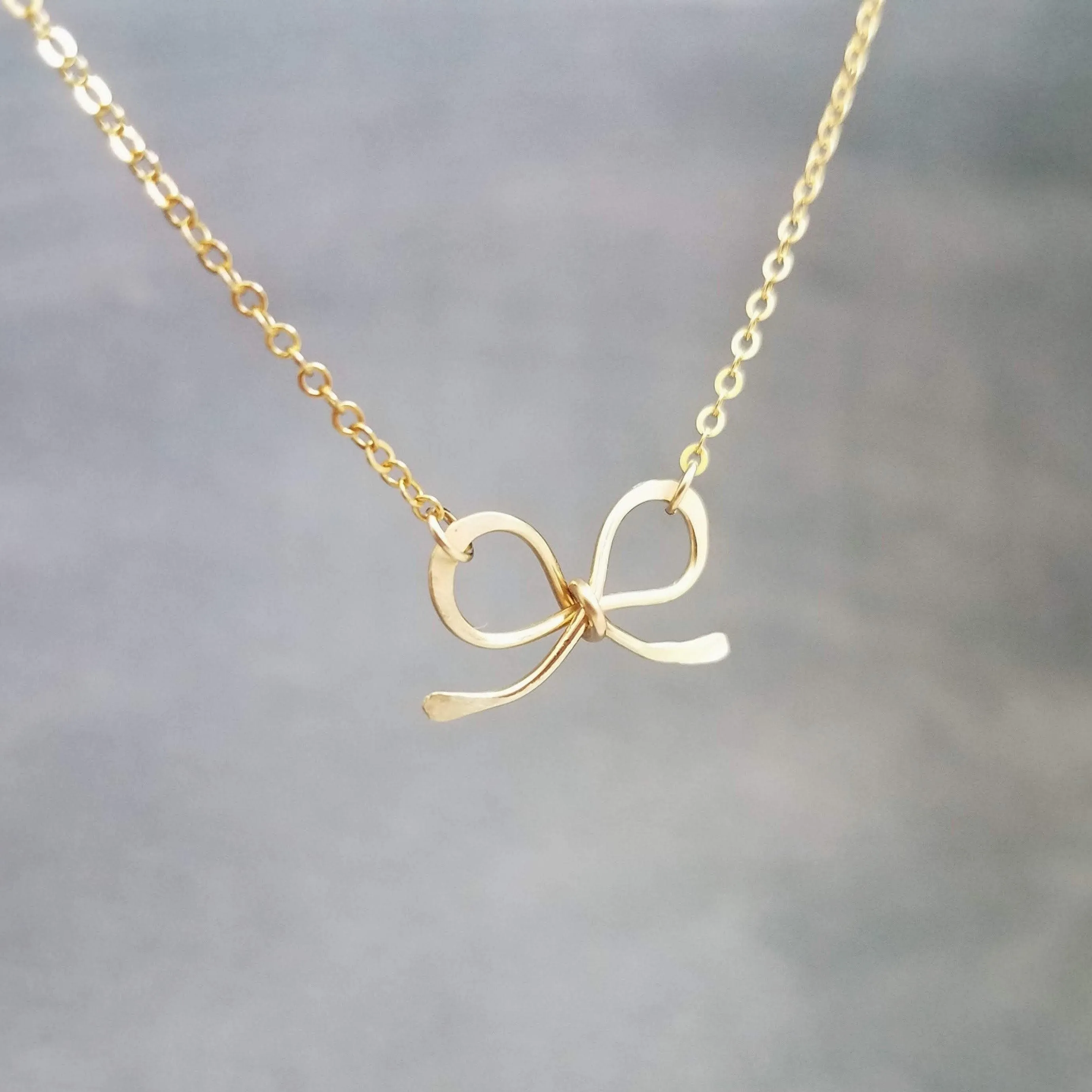Small Gold Bow Necklace, 14K gold fill pendant, gold fill chain, gold wire bow, tiny bow, ribbon necklace, gold bow pendant, girls necklace