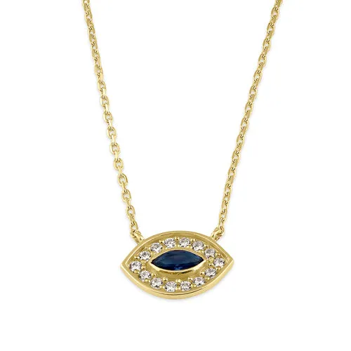 Solid 14K Gold Evil Eye Blue Sapphire CZ Necklace