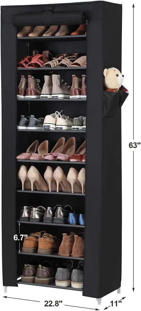 SONGMICS 9 Tier Shoe Rack for 27-35 Pairs of Shoes with Nonwoven Fabric Cover Black