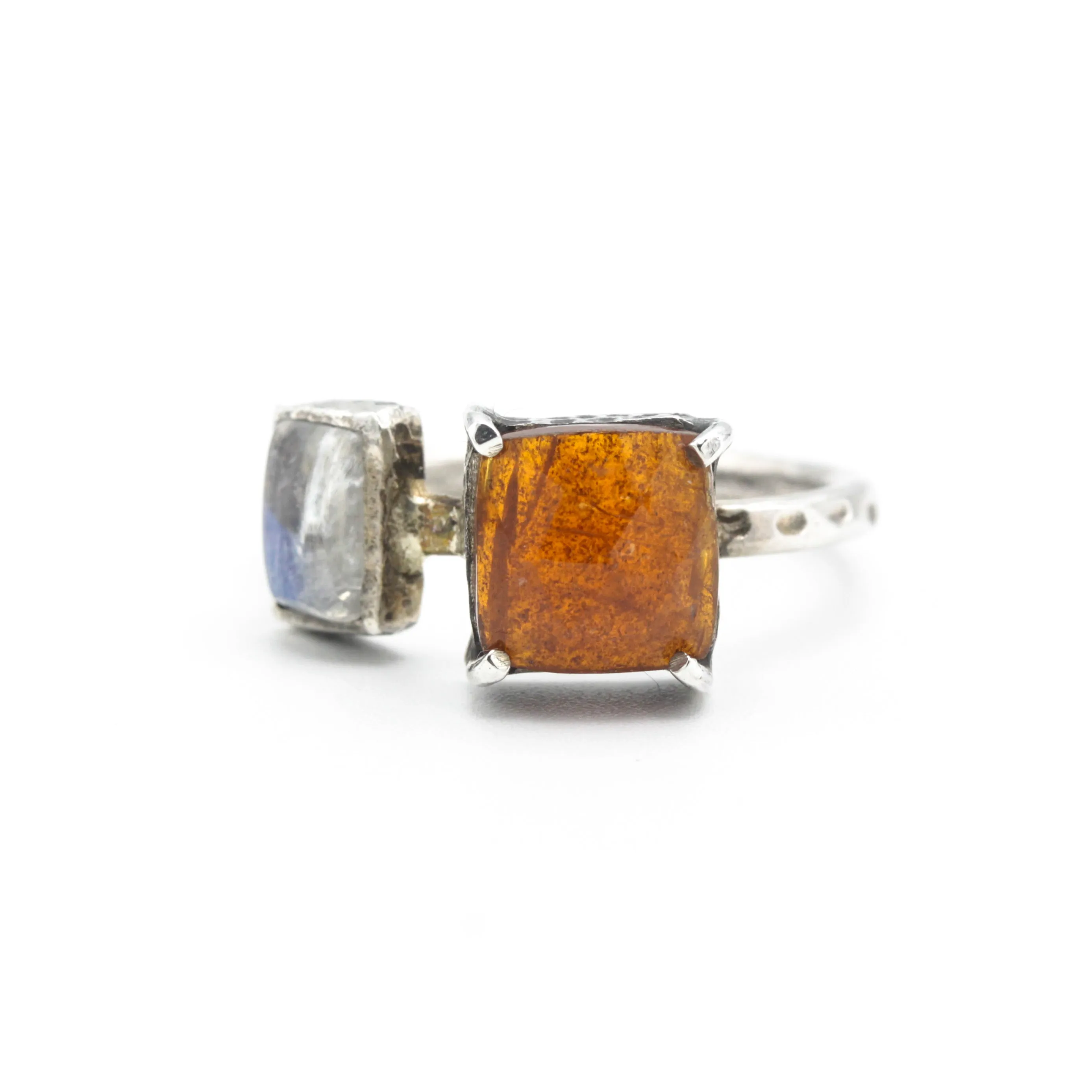 Square orange kyanite ring in silver bezel and prongs setting with Moonstone on the side on sterling silver texture band